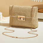 Fashion Crossbody Bags for Women | Simple Straw Shoulder Bag & Women's Lock Closure Bag (Small Square Purse Summer Money Bag)