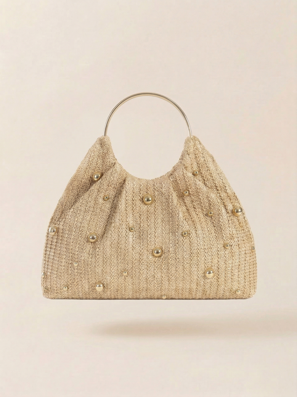 Artisanal Studded Handwoven Raffia Bag with Sculptural Gold Ring Handle
