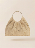 Artisanal Studded Handwoven Raffia Bag with Sculptural Gold Ring Handle